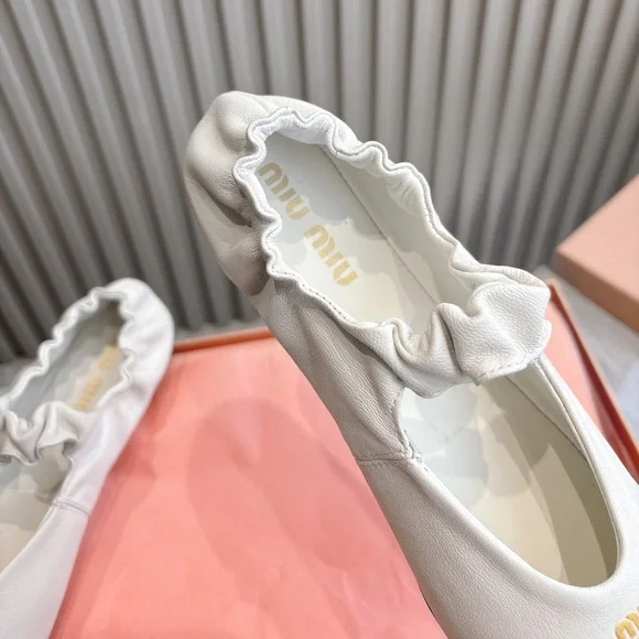 Women's Miu Miu White Leather Ruched-Top Ballet Flats with Gold Logo Accent